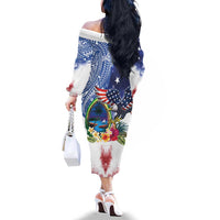 Guam and United States Together Family Matching Off The Shoulder Long Sleeve Dress and Hawaiian Shirt Bald Eagle and Guam Seal with Flower and Tribal Tattoos - Polynesian Pride