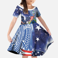 Guam and United States Together Family Matching Off Shoulder Maxi Dress and Hawaiian Shirt Bald Eagle and Guam Seal with Flower and Tribal Tattoos - Polynesian Pride