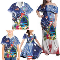 Guam and United States Together Family Matching Off Shoulder Maxi Dress and Hawaiian Shirt Bald Eagle and Guam Seal with Flower and Tribal Tattoos - Polynesian Pride