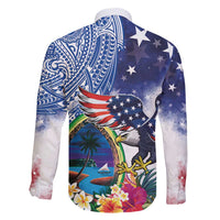 Guam and United States Together Family Matching Off Shoulder Maxi Dress and Hawaiian Shirt Bald Eagle and Guam Seal with Flower and Tribal Tattoos - Polynesian Pride