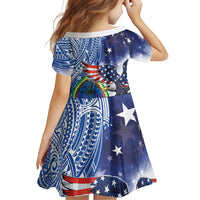 Guam and United States Together Family Matching Off Shoulder Short Dress and Hawaiian Shirt Bald Eagle and Guam Seal with Flower and Tribal Tattoos - Polynesian Pride