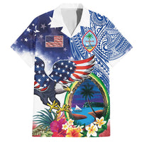 Guam and United States Together Family Matching Off Shoulder Short Dress and Hawaiian Shirt Bald Eagle and Guam Seal with Flower and Tribal Tattoos - Polynesian Pride