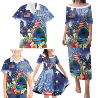 Guam and United States Together Family Matching Puletasi and Hawaiian Shirt Bald Eagle and Guam Seal with Flower and Tribal Tattoos - Polynesian Pride