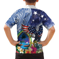 Guam and United States Together Family Matching Short Sleeve Bodycon Dress and Hawaiian Shirt Bald Eagle and Guam Seal with Flower and Tribal Tattoos - Polynesian Pride