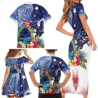 Guam and United States Together Family Matching Short Sleeve Bodycon Dress and Hawaiian Shirt Bald Eagle and Guam Seal with Flower and Tribal Tattoos - Polynesian Pride