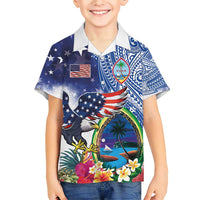 Guam and United States Together Family Matching Short Sleeve Bodycon Dress and Hawaiian Shirt Bald Eagle and Guam Seal with Flower and Tribal Tattoos - Polynesian Pride
