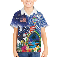 Guam and United States Together Hawaiian Shirt Bald Eagle and Guam Seal with Flower and Tribal Tattoos - Polynesian Pride