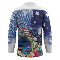 Guam and United States Together Hockey Jersey Bald Eagle and Guam Seal with Flower and Tribal Tattoos - Polynesian Pride