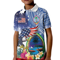 Guam and United States Together Kid Polo Shirt Bald Eagle and Guam Seal with Flower and Tribal Tattoos - Polynesian Pride