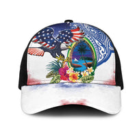 Guam and United States Together Mesh Trucker Cap Bald Eagle and Guam Seal with Flower and Tribal Tattoos - Polynesian Pride