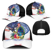 Guam and United States Together Mesh Trucker Cap Bald Eagle and Guam Seal with Flower and Tribal Tattoos - Polynesian Pride