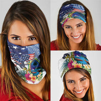 Guam and United States Together Neck Gaiter Bald Eagle and Guam Seal with Flower and Tribal Tattoos - Polynesian Pride