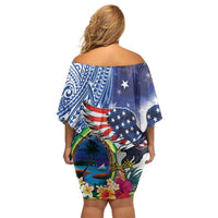 Guam and United States Together Off Shoulder Short Dress Bald Eagle and Guam Seal with Flower and Tribal Tattoos - Polynesian Pride