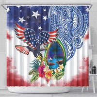 Guam and United States Together Shower Curtain Bald Eagle and Guam Seal with Flower and Tribal Tattoos - Polynesian Pride