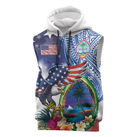 Guam and United States Together Sleeveless Hoodie Bald Eagle and Guam Seal with Flower and Tribal Tattoos - Polynesian Pride