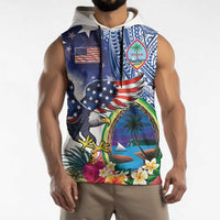 Guam and United States Together Sleeveless Hoodie Bald Eagle and Guam Seal with Flower and Tribal Tattoos - Polynesian Pride