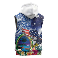 Guam and United States Together Sleeveless Zip Hoodie Bald Eagle and Guam Seal with Flower and Tribal Tattoos - Polynesian Pride