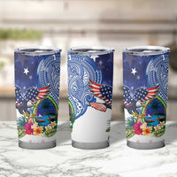Guam and United States Together Tumbler Cup Bald Eagle and Guam Seal with Flower and Tribal Tattoos - Polynesian Pride