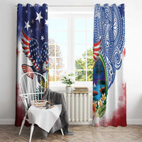 Guam and United States Together Window Curtain Bald Eagle and Guam Seal with Flower and Tribal Tattoos - Polynesian Pride