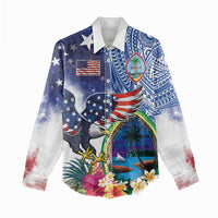 Guam and United States Together Women Casual Shirt Bald Eagle and Guam Seal with Flower and Tribal Tattoos - Polynesian Pride