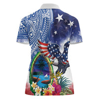 Guam and United States Together Women Polo Shirt Bald Eagle and Guam Seal with Flower and Tribal Tattoos - Polynesian Pride
