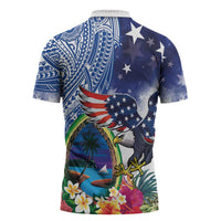 Guam and United States Together Zipper Polo Shirt Bald Eagle and Guam Seal with Flower and Tribal Tattoos - undefined