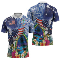 Guam and United States Together Zipper Polo Shirt Bald Eagle and Guam Seal with Flower and Tribal Tattoos - undefined