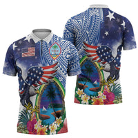 Guam and United States Together Zipper Polo Shirt Bald Eagle and Guam Seal with Flower and Tribal Tattoos - undefined