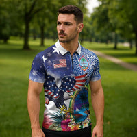 Guam and United States Together Zipper Polo Shirt Bald Eagle and Guam Seal with Flower and Tribal Tattoos - undefined