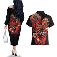 Guam Tribal Chamorro Couples Matching Off The Shoulder Long Sleeve Dress and Hawaiian Shirt Polynesian Shark with Plumeria and Sea Vibe - Polynesian Pride