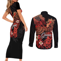 Guam Tribal Chamorro Couples Matching Short Sleeve Bodycon Dress and Long Sleeve Button Shirt Polynesian Shark with Plumeria and Sea Vibe - Polynesian Pride