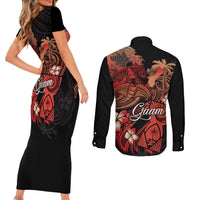 Guam Tribal Chamorro Couples Matching Short Sleeve Bodycon Dress and Long Sleeve Button Shirt Polynesian Shark with Plumeria and Sea Vibe - Polynesian Pride