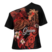 Guam Tribal Chamorro Cross Shoulder Shirt Polynesian Shark with Plumeria and Sea Vibe - Polynesian Pride