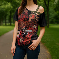 Guam Tribal Chamorro Cross Shoulder Shirt Polynesian Shark with Plumeria and Sea Vibe - Polynesian Pride