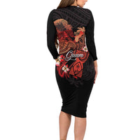 Guam Tribal Chamorro Family Matching Long Sleeve Bodycon Dress and Hawaiian Shirt Polynesian Shark with Plumeria and Sea Vibe - Polynesian Pride