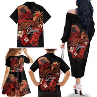Guam Tribal Chamorro Family Matching Off The Shoulder Long Sleeve Dress and Hawaiian Shirt Polynesian Shark with Plumeria and Sea Vibe - Polynesian Pride
