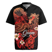 Guam Tribal Chamorro Rugby Jersey Polynesian Shark with Plumeria and Sea Vibe LT03 Black - Polynesian Pride