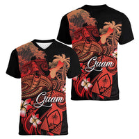 Guam Tribal Chamorro Women V-Neck T-Shirt Polynesian Shark with Plumeria and Sea Vibe - Polynesian Pride
