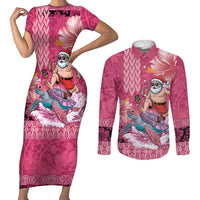 Hawaii Mele Kalikimaka Couples Matching Short Sleeve Bodycon Dress and Long Sleeve Button Shirt Funny Santa with Tribal Tattoos Kakau Pink Color - Polynesian Pride