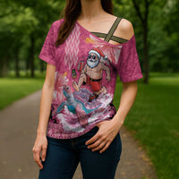 Hawaii Mele Kalikimaka Cross Shoulder Shirt Funny Santa with Tribal Tattoos Kakau Pink Color - Polynesian Pride