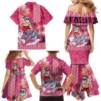 Hawaii Mele Kalikimaka Family Matching Mermaid Dress and Hawaiian Shirt Funny Santa with Tribal Tattoos Kakau Pink Color LT03 - Polynesian Pride