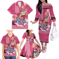 Hawaii Mele Kalikimaka Family Matching Off The Shoulder Long Sleeve Dress and Hawaiian Shirt Funny Santa with Tribal Tattoos Kakau Pink Color - Polynesian Pride
