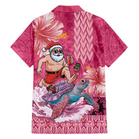 Hawaii Mele Kalikimaka Family Matching Off The Shoulder Long Sleeve Dress and Hawaiian Shirt Funny Santa with Tribal Tattoos Kakau Pink Color - Polynesian Pride