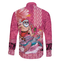 Hawaii Mele Kalikimaka Family Matching Off The Shoulder Long Sleeve Dress and Hawaiian Shirt Funny Santa with Tribal Tattoos Kakau Pink Color - Polynesian Pride