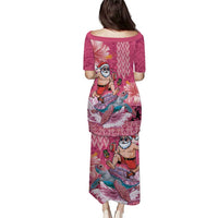 Hawaii Mele Kalikimaka Family Matching Puletasi and Hawaiian Shirt Funny Santa with Tribal Tattoos Kakau Pink Color - Polynesian Pride