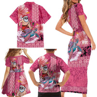 Hawaii Mele Kalikimaka Family Matching Short Sleeve Bodycon Dress and Hawaiian Shirt Funny Santa with Tribal Tattoos Kakau Pink Color LT03 - Polynesian Pride