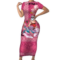 Hawaii Mele Kalikimaka Family Matching Short Sleeve Bodycon Dress and Hawaiian Shirt Funny Santa with Tribal Tattoos Kakau Pink Color LT03 Mom's Dress Pink - Polynesian Pride