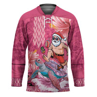 Hawaii Mele Kalikimaka Hockey Jersey Funny Santa with Tribal Tattoos Kakau Pink Color - Polynesian Pride