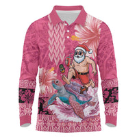 Hawaii Mele Kalikimaka Long Sleeve Polo Shirt Funny Santa with Tribal Tattoos Kakau Pink Color - Polynesian Pride