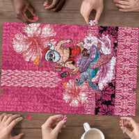 Hawaii Mele Kalikimaka Puzzle Funny Santa with Tribal Tattoos Kakau Pink Color - Polynesian Pride